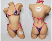 Neon Tokyo Street Signs w Your Choice Trim Color Micro Coverage Top Scrunch Butt Bottom 2 Piece Micro Bikini Set One Size