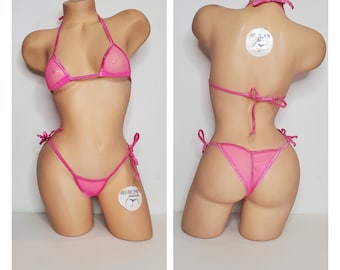Hot Pink Medium Hole Fishnet *Very Sheer*with Your Choice Trim Color Micro Coverage Top Scrunch Butt String Bikini 2 Piece Set One Size