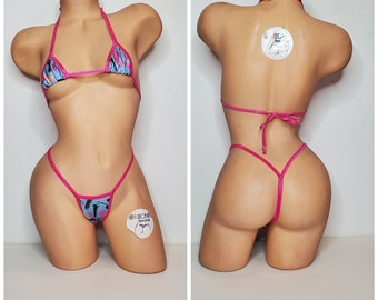 Blue w/ Dildo Pattern w/ Hot Pink Trim Micro Coverage Top Y Back Thong 2 Piece Micro String Bikini Set 1 Size