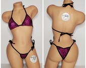 Magenta Snake Skin Pattern w Black Trim Medium Coverage Top Scrunch Butt 2 Piece Micro String Bikini Set One Size