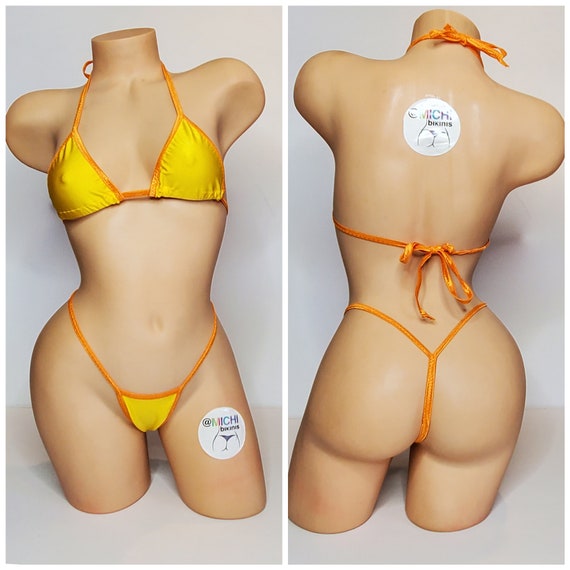 Yellow with Orange Trim Medium Coverage Top Y Back Thong Bottom Micro  Bikini Set