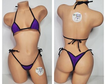 Electric Purple with Black Trim Micro Coverage Top Scrunch Butt Bottom 2 Piece Micro String Bikini Set One Size