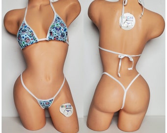 Multicolored Sugar Skulls on Baby Blue w/ White Trim Medium Coverage Top Y Back Thong Bottom 2 Piece Micro Bikini Set