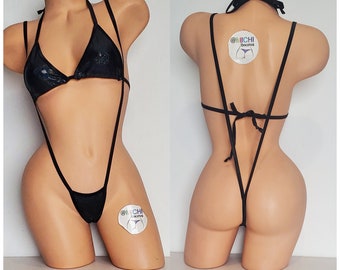 Nero olografico con finiture nere Copertura media Top Y Back Perizoma Fondo a fionda Micro bikini a 2 pezzi