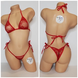 Red Lace *VERY SHEER* w/ Red Trim Medium Coverage Top Scrunch Butt String Bikini 2 Piece Set One Size