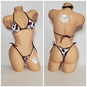 Brown and White Cow Print w Your Choice Trim Color Medium Coverage Top Scrunch Butt Bottoms 2 Piece Micro String Bikini Set One Size
