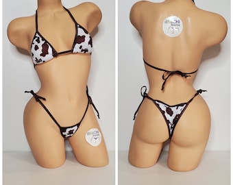 Brown and White Cow Print w Your Choice Trim Color Medium Coverage Top Scrunch Butt Bottoms 2 Piece Micro String Bikini Set One Size