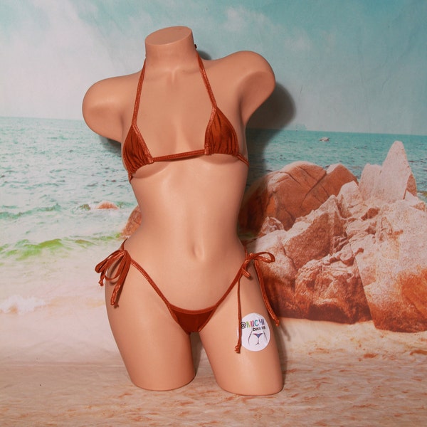 Bronce con Bronce Trim Micro Cobertura Top Scrunch Butt Bottom 2 Piece Micro String Bikini Set One Size