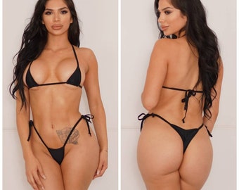 Black with Black Trim Micro Coverage Top Scrunch Butt Bottom 2 Piece Micro String Bikini Set One Size