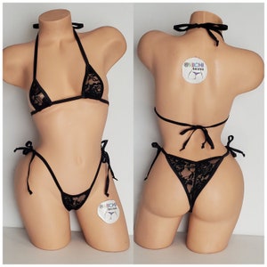 Svart spets *halvtransparent* med svarta detaljer, mikrotäckande topp, scrunch-bikiniset för rumpan, en storlek