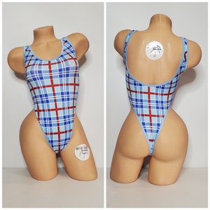 Baby Blue w/ Red Plaid Pattern with Baby Blue Trim 1 Piece Bodysuit Size SMALL