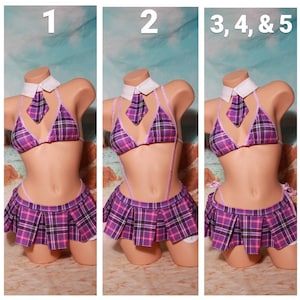 Purple Plaid w/ Lavender Trim Micro Mini Skirt Costume Medium Coverage Top Pleated Skirt 5 Piece Set