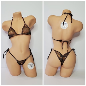 Camouflage Mesh ***VERY SHEER*** with Brown Trim Medium Coverage Top Scrunch Butt String Bikini Set One Size