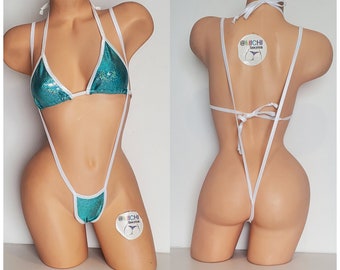 Holographic Aqua Green with your choice trim color Medium Coverage Top Y Thong Slingshot 2 Piece Micro Bikini Set