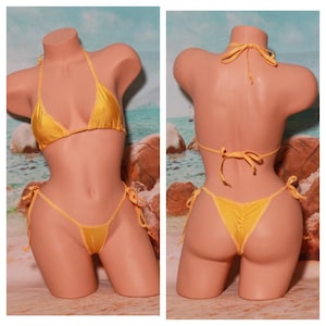 Yellow with Yellow Trim Medium Coverage Top Scrunch Butt Bottoms 2 Piece String Bikini Set One Size