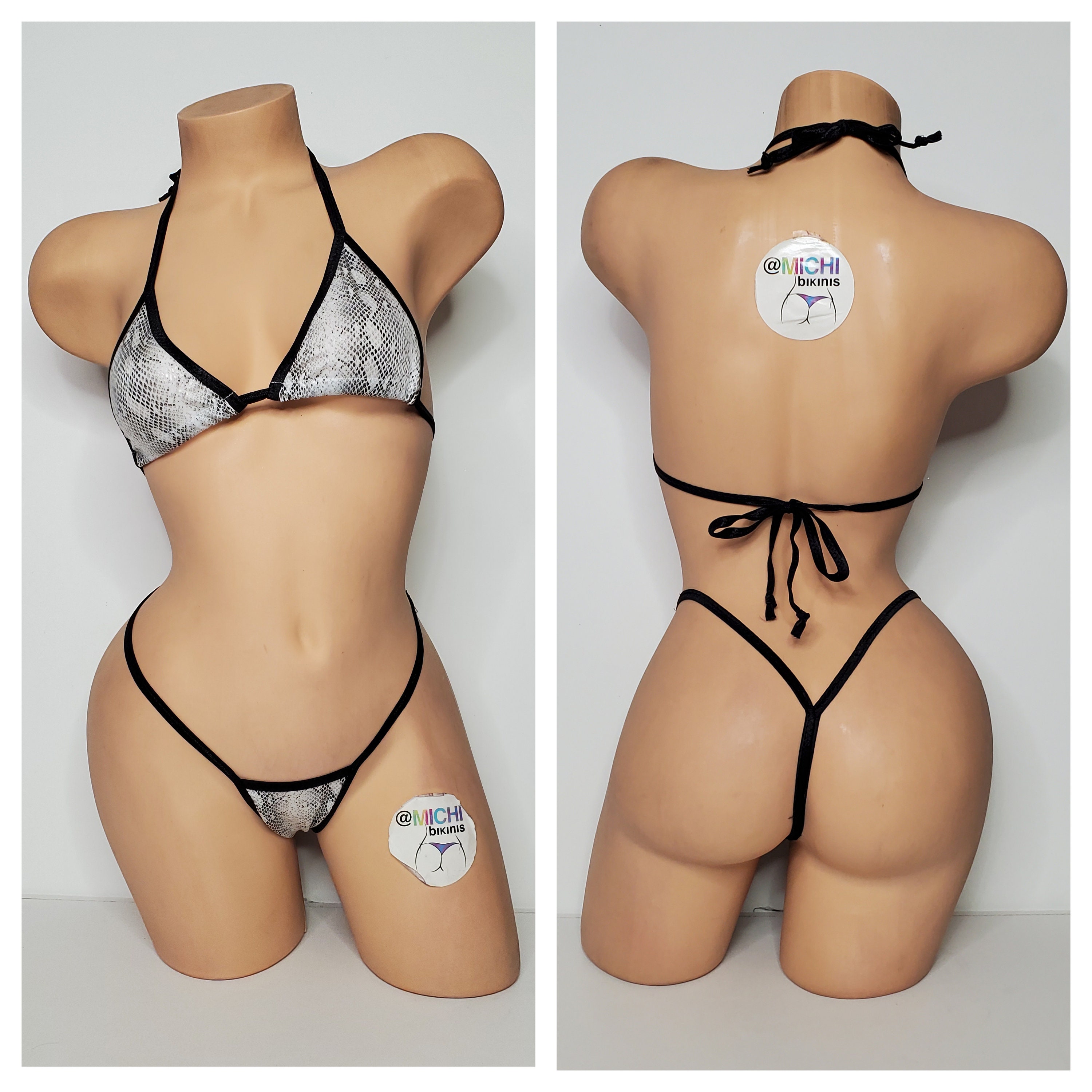 White & Black Snake Skin Pattern with Black Trim Medium Coverage Top Y Back Thong 2 Piece Micro Bikini Set