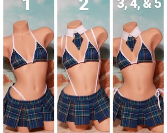 May include: A blue and green plaid skirt with white trim and a matching plaid bikini top with white trim. The bikini top has a white collar and tie. The skirt has a white string tie on each side. The image is labeled with the numbers 1, 2, 3, 4, and 5.