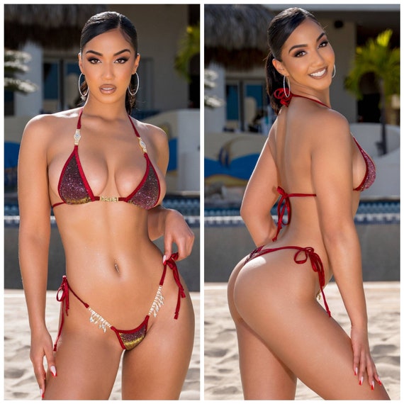 micro bikini riot Glittery Dark Red W/ Rhinestone Details W/ Dark Red Trim Medium Coverage  Top Scrunch Butt 2 Piece Micro String Bikini Set One Size - Etsy Israel