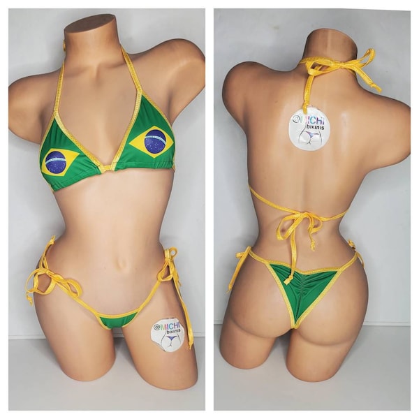 Brazilian flag w Yellow Trim Medium Coverage Top Scrunch Butt Bottoms 2 Piece Micro String Bikini Set One Size