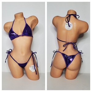 Shimmery Purple with Purple Trim Medium Coverage Top Scrunch Butt Bottom String Bikini Set One Size