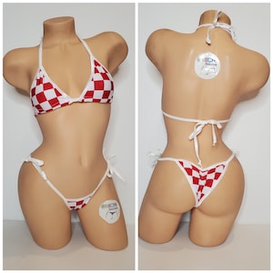 Red & White Big Checker Pattern w You Choice Trim Color Medium Coverage Top Scrunch Butt Bottom 2 Piece Micro String Bikini Set One Size