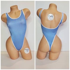 Blue and White Checker Print with White Trim 1 Piece Bodysuit Size SMALL