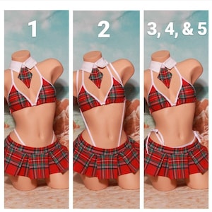Red Plaid w/ Your Choice Trim Color Micro Mini Skirt Costume Full Coverage Top Pleated Skirt 5 Piece Set
