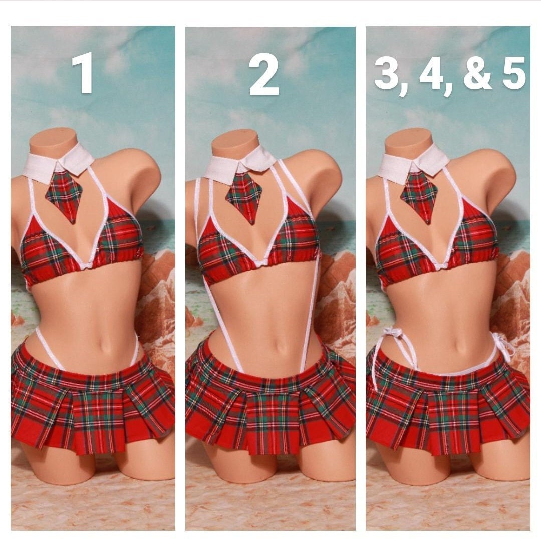 Red Plaid w/ Your Choice Trim Color Micro Mini Skirt Costume Full Coverage Top Pleated Skirt 5 Piece Set