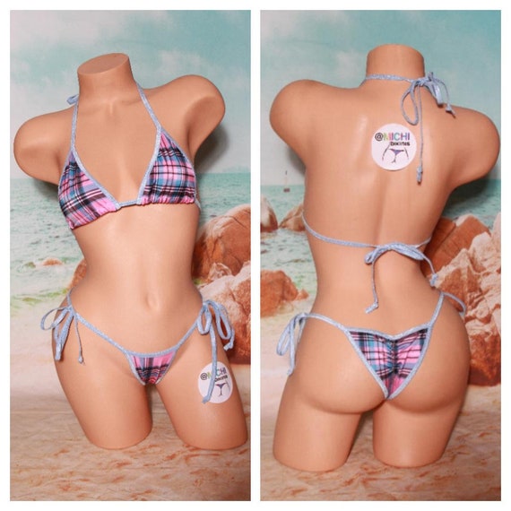Baby Blue Pink Plaid W Baby Blue Trim Medium Coverage Top Scrunch Butt Bottoms 2 Piece Micro String Bikini Set One Size Etsy Ireland