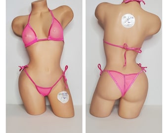 Hot Pink Medium Hole Fishnet *Very Sheer* with Your Choice Trim Color Medium Coverage Top Scrunch Butt String Bikini 2 Piece Set One Size