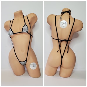Geometric Pattern Iridescent Silver w/ Black Trim Micro Coverage Top Y Back Slingshot Thong Bottom 2 Piece Micro String Bikini Set One Size