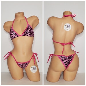 Pink and Black Leopard Print with Hot Pink Trim Full Coverage Top Scrunch Butt Micro String Bikini Set One Size