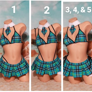 Teal Plaid w/ Black Trim Micro Mini Skirt Costume Full Coverage Top Pleated Skirt 5 Piece Set