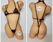 Black Lace Very Sheer with Black Trim Micro Coverage Top Y Back Thong Slingshot 2 Piece Micro Bikini Set