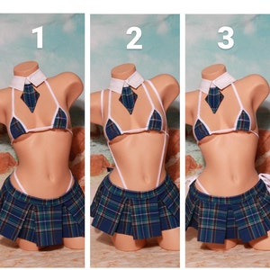 May include: Three images of a blue and green plaid skirt with a white collar and tie. The skirt is worn with a white bikini top and a white string bikini bottom. The images show different angles of the outfit.