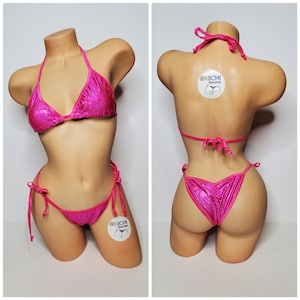 Shattered Holographic Hot Pink w Your Choice Trim Color Full Coverage Top Scrunch Butt 2 Piece Micro String Bikini Set One Size