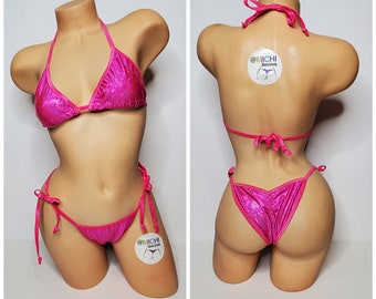 Shattered Holographic Hot Pink w Your Choice Trim Color Full Coverage Top Scrunch Butt 2 Piece Micro String Bikini Set One Size