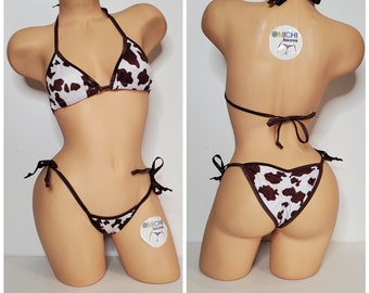 Brown & White Cow Print Your Choice Trim Color Full Coverage Top Full Coverage Scrunch Butt Bottoms 2 Piece Micro String Bikini Set One Size