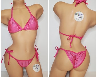 Shattered Holographic Carnation Pink w Hot Pink Trim Full Coverage Top Full Coverage Scrunch Butt 2 Piece Micro String Bikini Set One Size