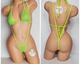Neon Green Mesh *VERY SHEER* with Your Choice Trim Color Medium Coverage Top Y Back Thong Slingshot 2 Piece Micro Bikini Set