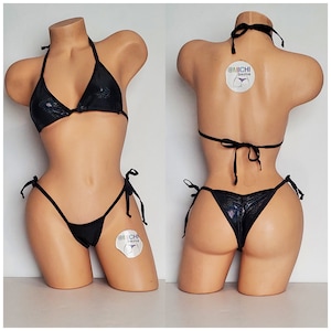 Holographic Iridescent Black with Black Trim Medium Coverage Top Scrunch Butt Bottom 2 Piece Micro String Bikini Set One Size