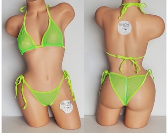 Neon Green Mesh *VERY SHEER* with Your Choice Trim Color Full Coverage Top Scrunch Butt Bottoms 2 Piece Micro Bikini Set One Size