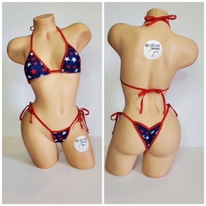 Navy with Red and White Stars with Red Trim Medium Coverage Top Scrunch Butt 2 Piece String Bikini Set One Size