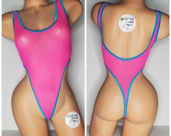 Body de malla rosa fuerte con ribete de color a elegir ***MUY TRANSPARENTE*** 1 pieza Talla pequeña