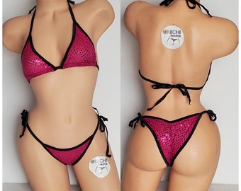 Magenta Pink Sequin (Semi Sheer) & Black Trim Full Coverage Top Scrunch Butt Bottom Micro String Bikini Set One Size