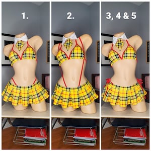 Yellow Plaid w/ Red Trim Micro Mini Skirt Costume Full Coverage Top Pleated Skirt 5 Piece Set