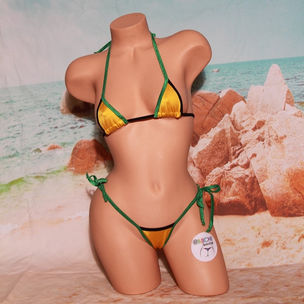 Yellow with Black and Green Trim Micro Coverage Top Scrunch Butt Bottoms 2 Piece String Bikini Set One Size