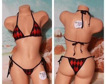 Harlequin Black & Red Diamonds w Black Trim Medium Coverage Top Scrunch Butt Bottoms 2 Piece Micro String Bikini Set One Size
