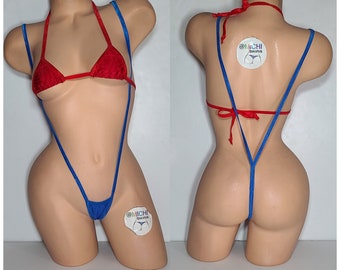 Green or Red Top with Blue with Blue Trim Bottom Micro Coverage Top Y Back Thong Slingshot 2 Piece Micro Bikini Set