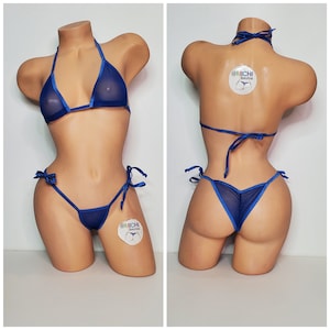 Blue Mesh *VERY SHEER* w/ Your Choice Trim Color Medium Coverage Top Scrunch Butt Bottom 2 Piece Micro String Bikini Set One Size